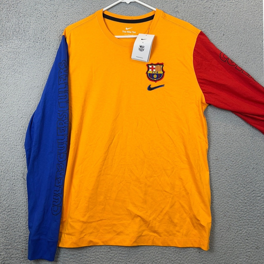 NEW FC Barcelona Nike Shirt Men Large Gold La Liga Soccer Culers Long Sleeve Tee